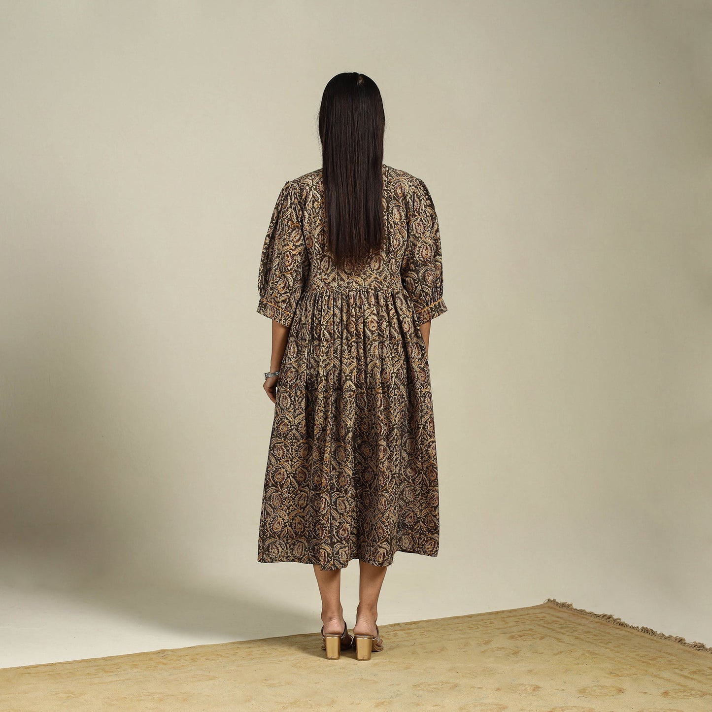 Green Block Print Natural Dyed Cotton Flared Kalamkari Dress