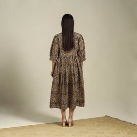 Green Block Print Natural Dyed Cotton Flared Kalamkari Dress