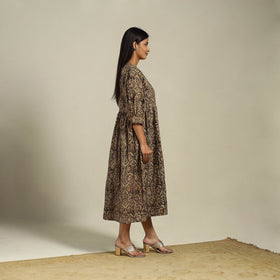 Green Block Print Natural Dyed Cotton Flared Kalamkari Dress