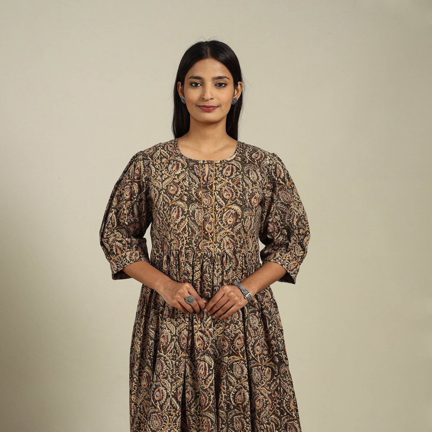 Green Block Print Natural Dyed Cotton Flared Kalamkari Dress