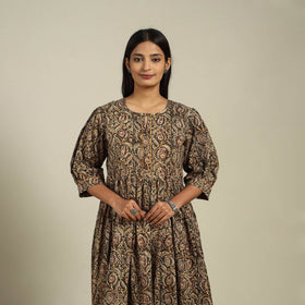 Green Block Print Natural Dyed Cotton Flared Kalamkari Dress