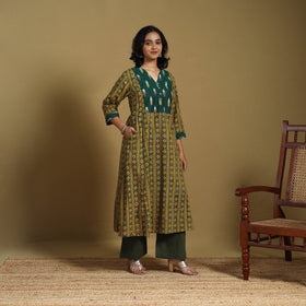 Green - natural dyed cotton a-line hand kurta with ikat
