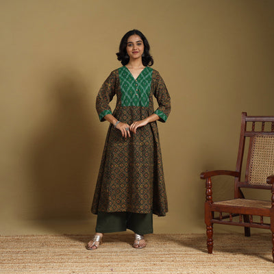 Green - natural dyed cotton a-line hand kurta with ikat