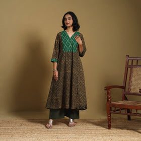 Green - natural dyed cotton a-line hand kurta with ikat