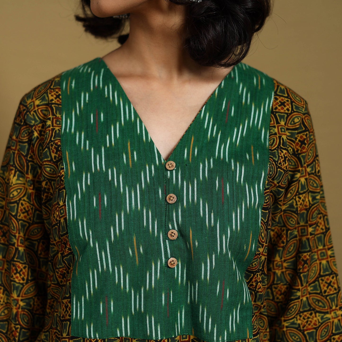 Green - natural dyed cotton a-line hand kurta with ikat