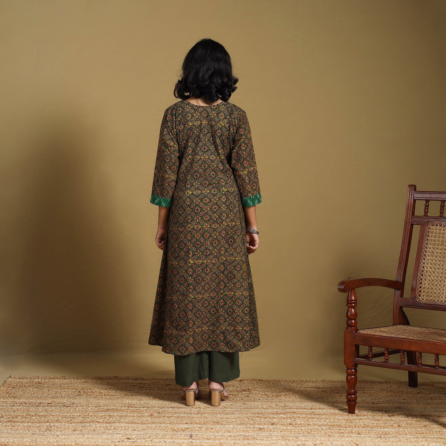 Green - natural dyed cotton a-line hand kurta with ikat