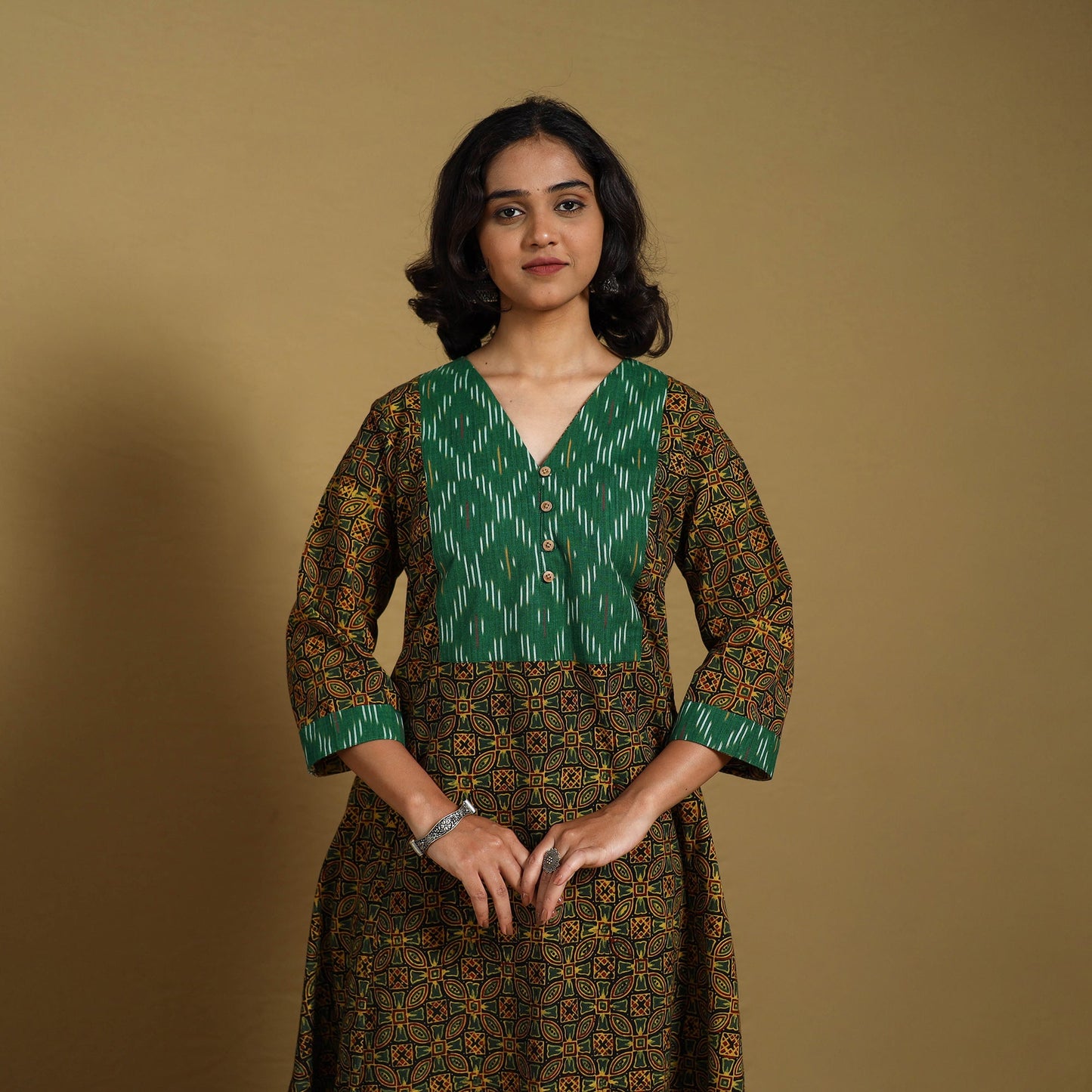 Green - natural dyed cotton a-line hand kurta with ikat