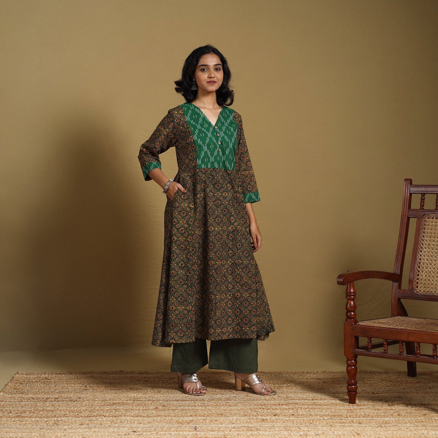 Green - natural dyed cotton a-line hand kurta with ikat
