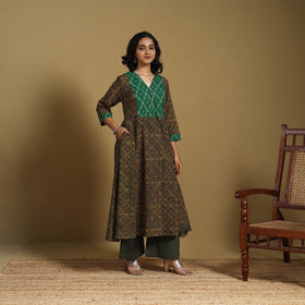 Green - natural dyed cotton a-line hand kurta with ikat