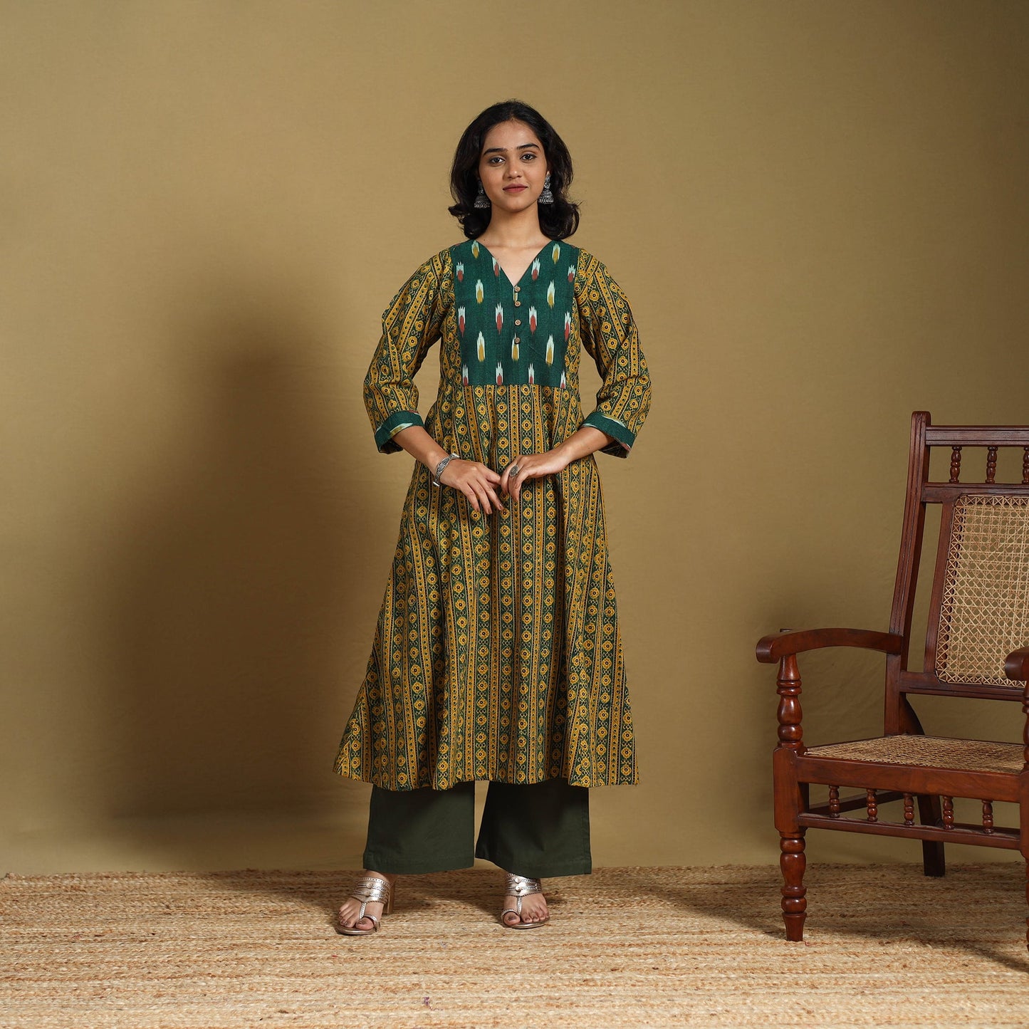 Green - natural dyed cotton a-line hand kurta with ikat