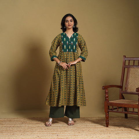 Green - natural dyed cotton a-line hand kurta with ikat