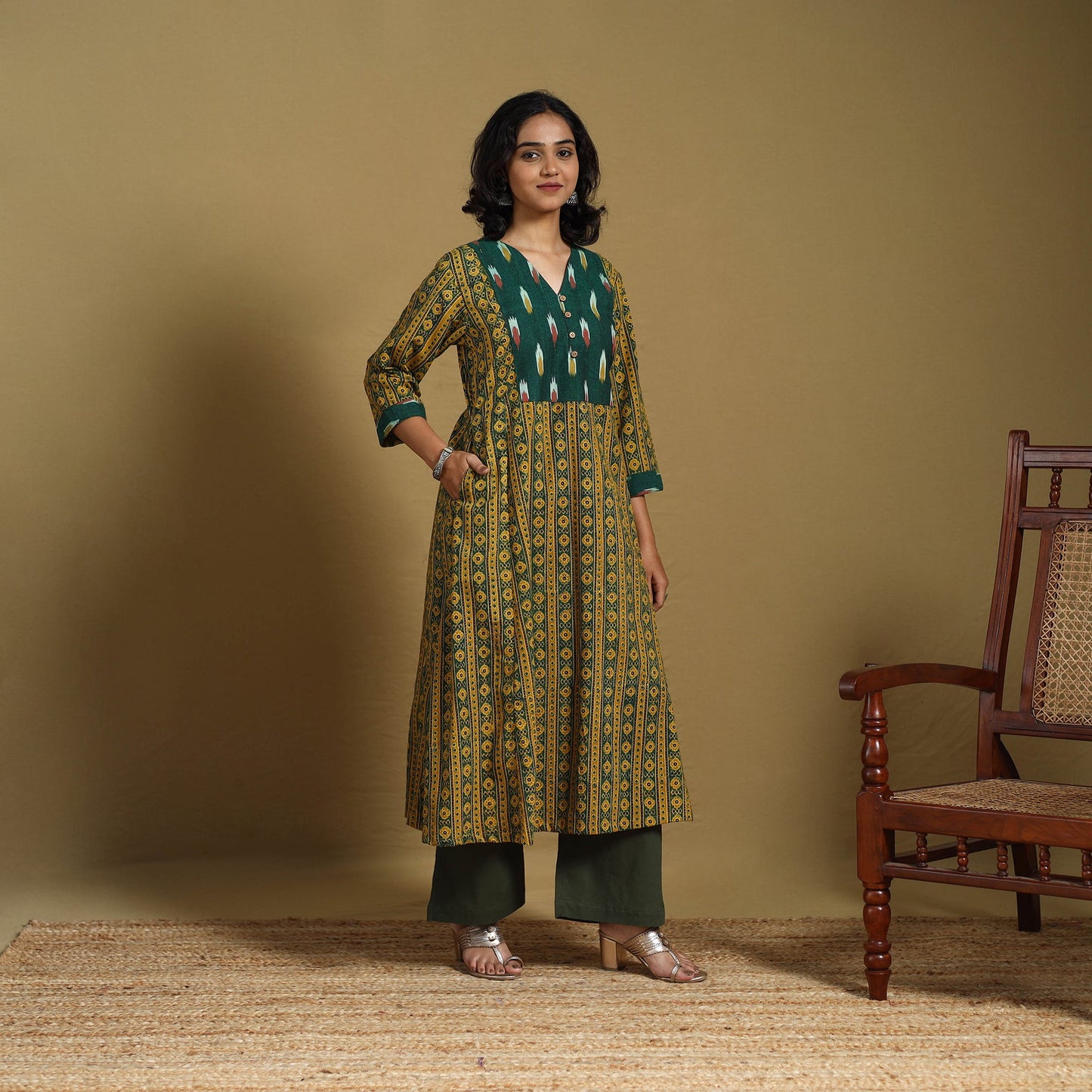 Green - natural dyed cotton a-line hand kurta with ikat