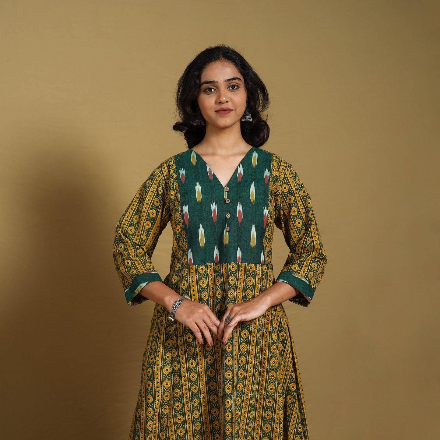 Green - natural dyed cotton a-line hand kurta with ikat
