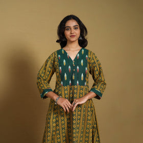 Green - natural dyed cotton a-line hand kurta with ikat