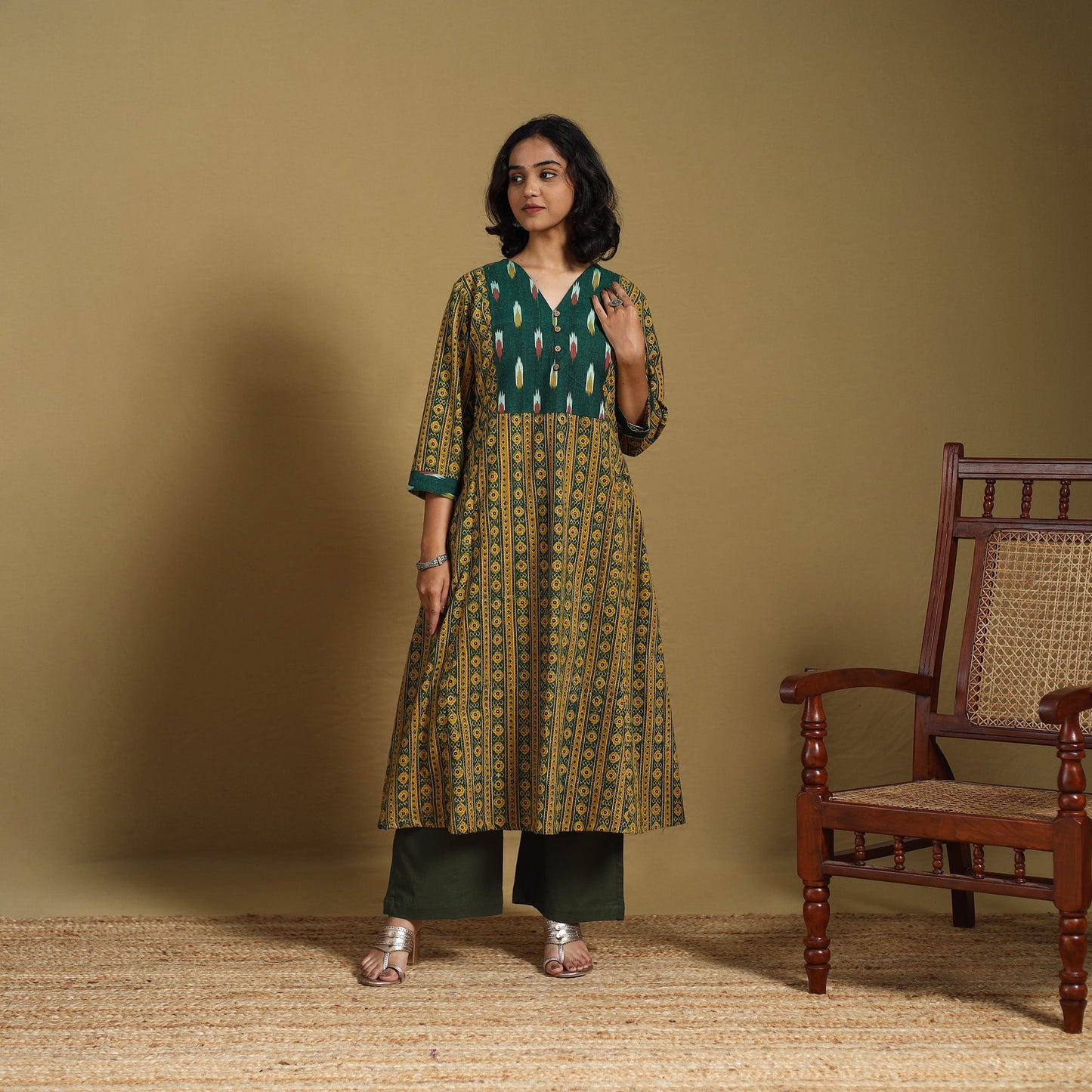Green - natural dyed cotton a-line hand kurta with ikat