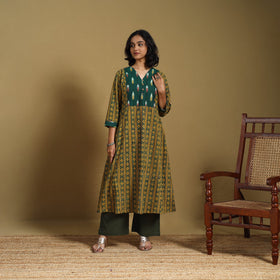 Green - natural dyed cotton a-line hand kurta with ikat