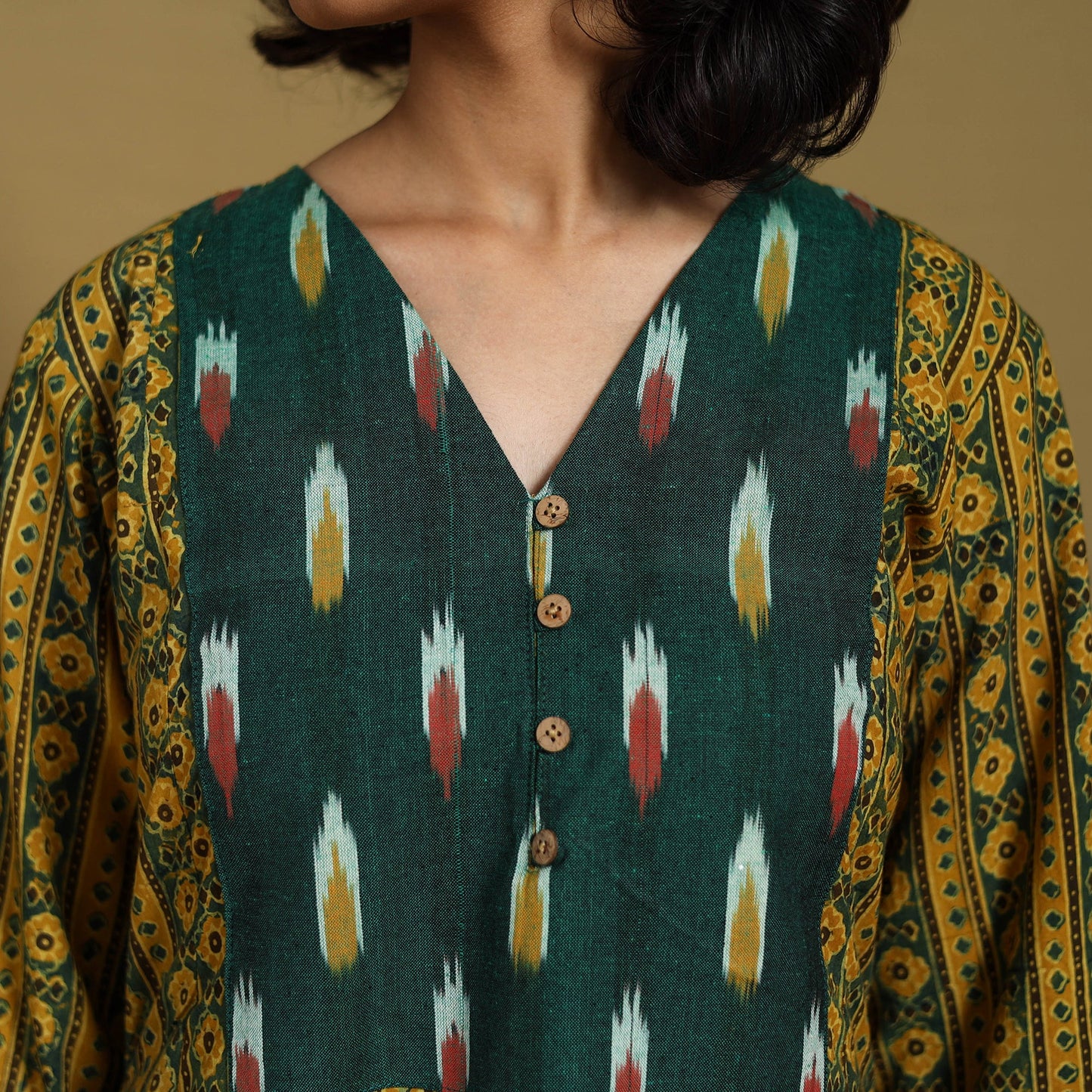 Green - natural dyed cotton a-line hand kurta with ikat