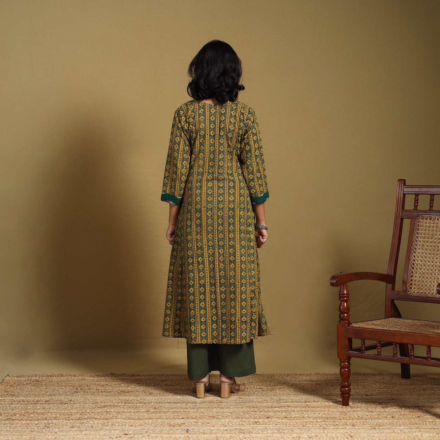 Green - natural dyed cotton a-line hand kurta with ikat