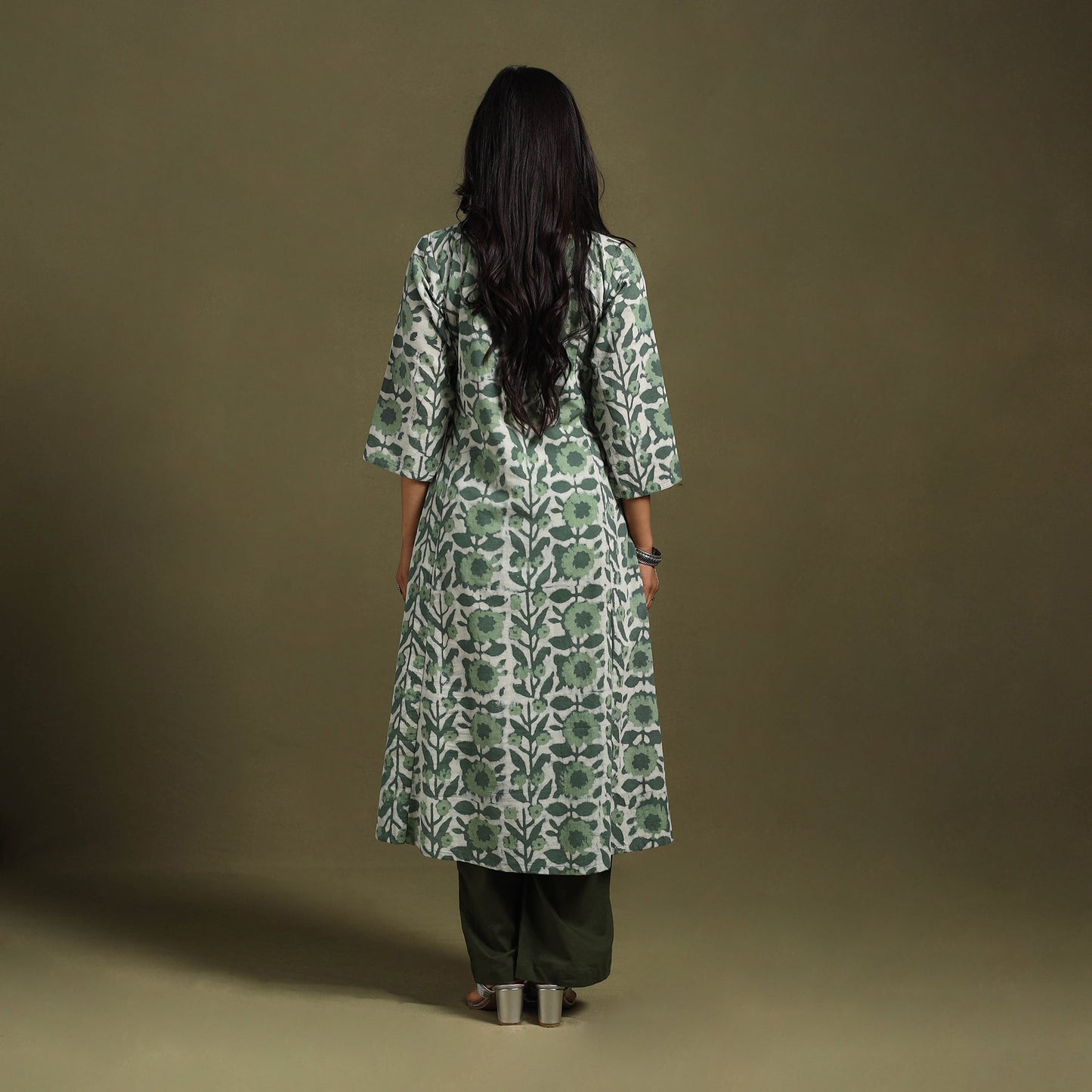 Green Block Print Natural Dyed Cotton A-Line Jahota Kurta