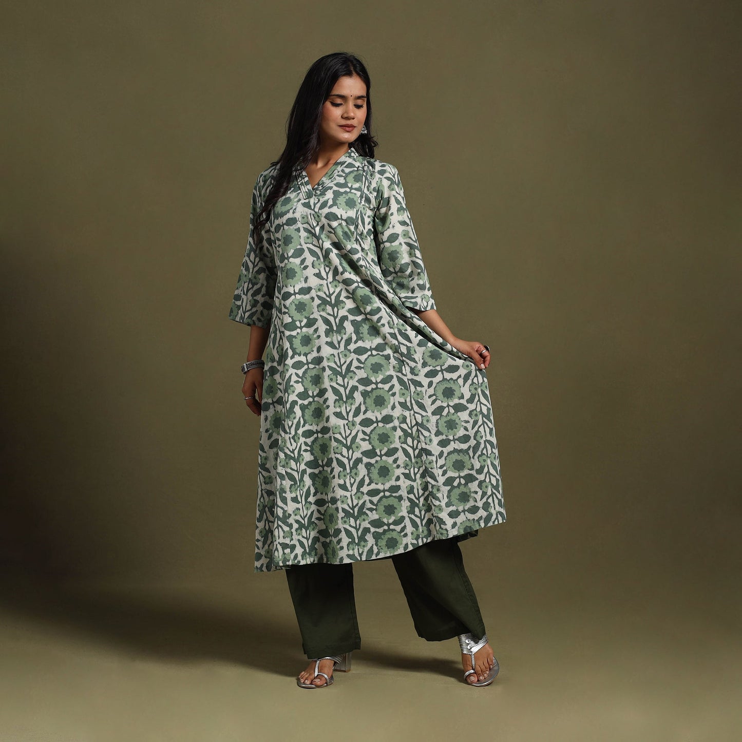 Green Block Print Natural Dyed Cotton A-Line Jahota Kurta