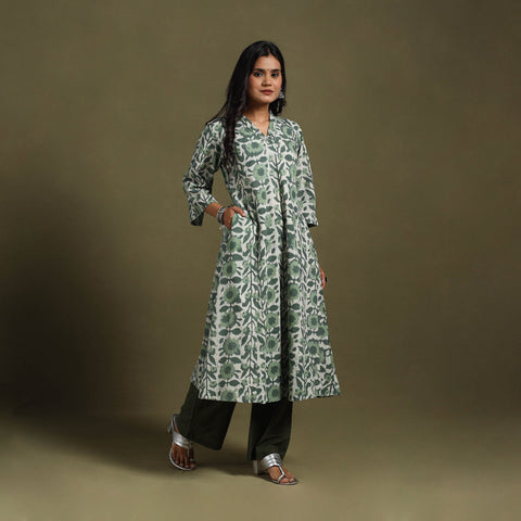 Green Block Print Natural Dyed Cotton A-Line Jahota Kurta