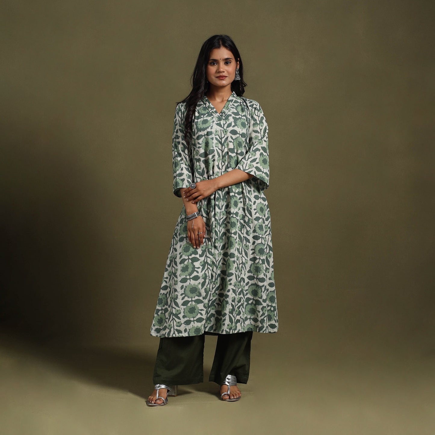Green Block Print Natural Dyed Cotton A-Line Jahota Kurta