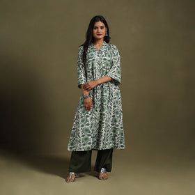 Green Block Print Natural Dyed Cotton A-Line Jahota Kurta