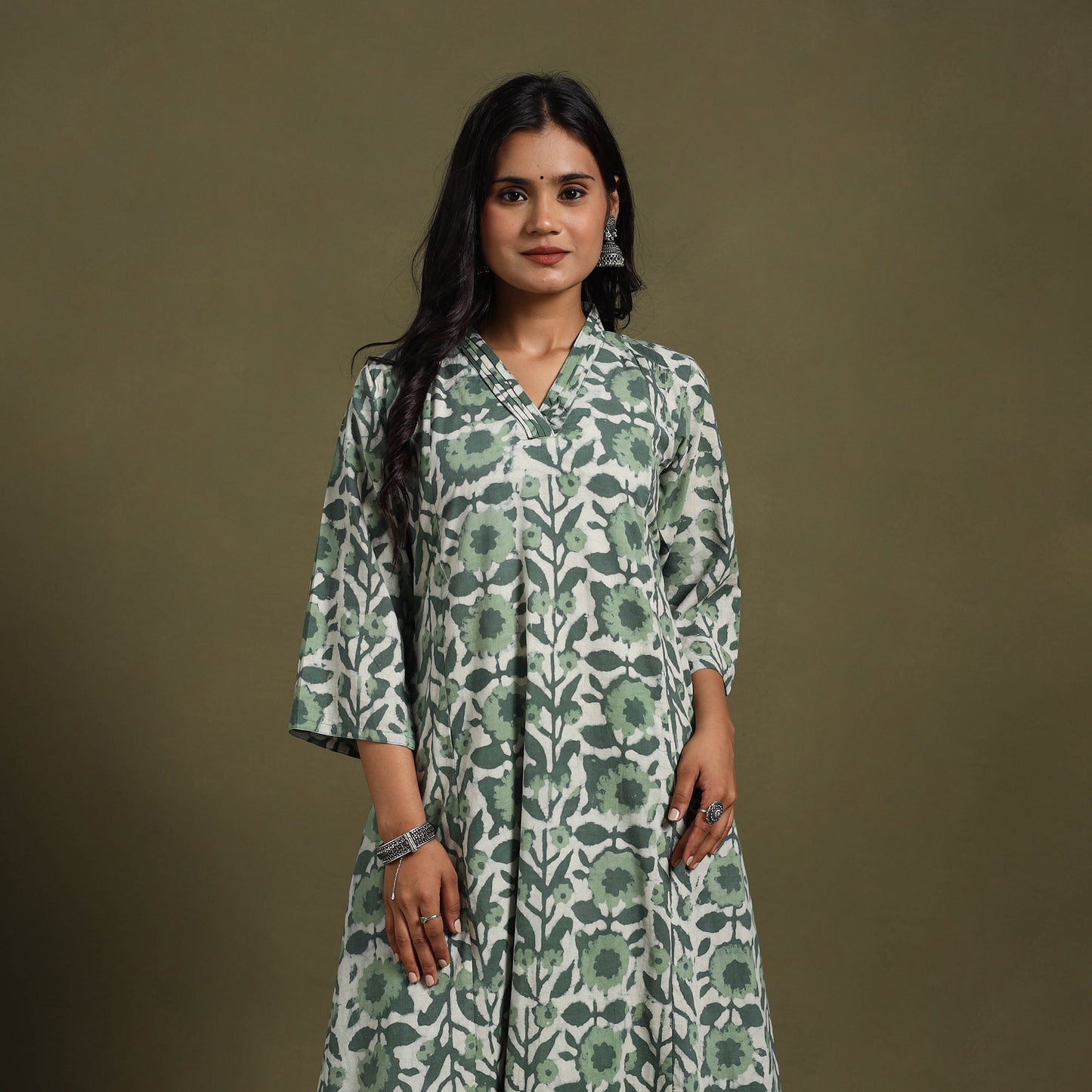 Green Block Print Natural Dyed Cotton A-Line Jahota Kurta