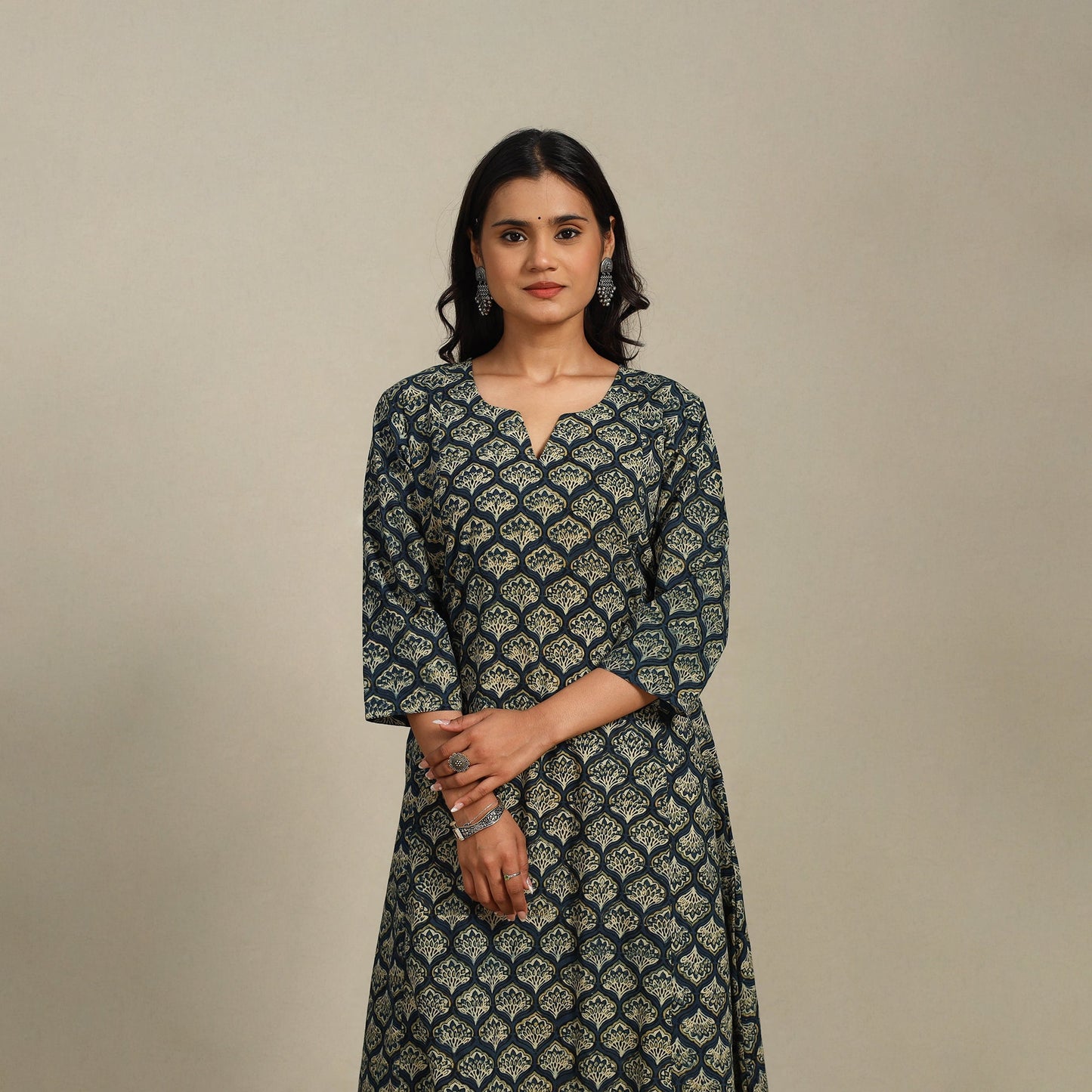 Green Block Print Natural Dyed Cotton A-Line Ajrakh Kurta