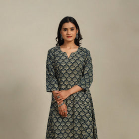 Green Block Print Natural Dyed Cotton A-Line Ajrakh Kurta