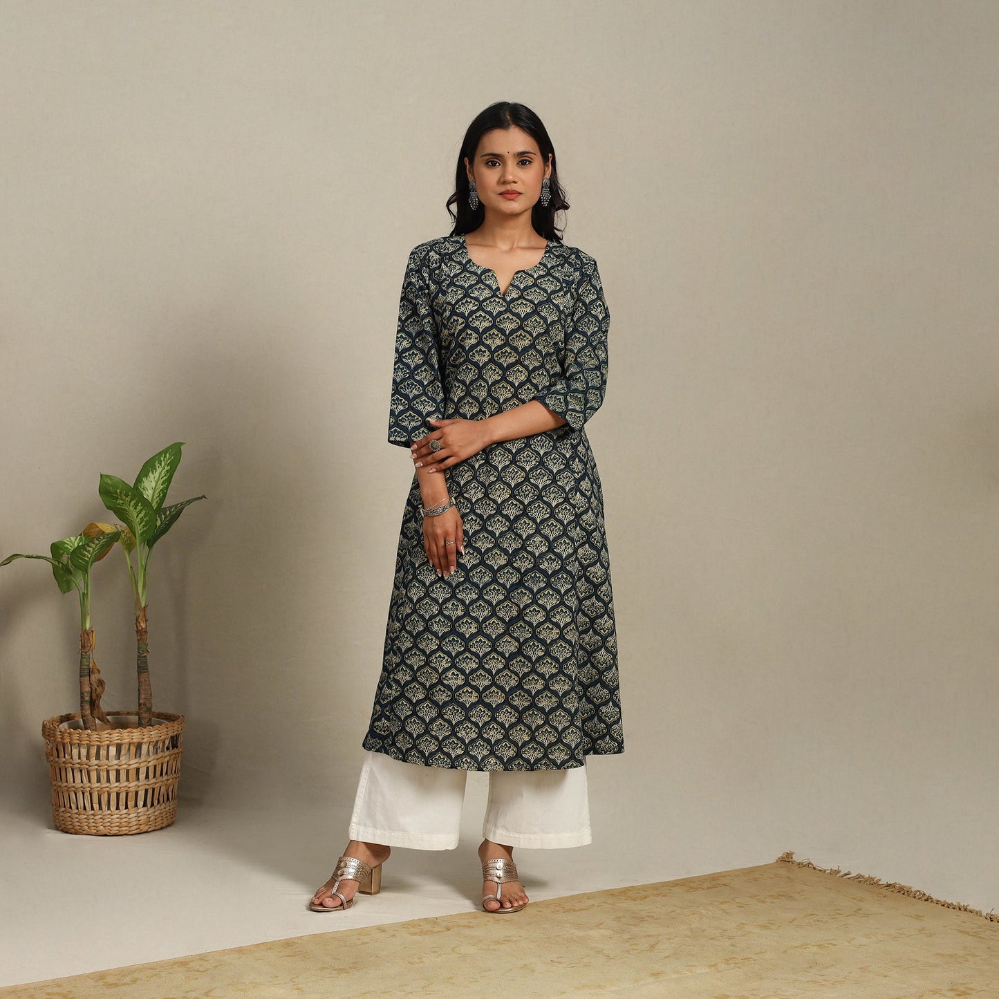 Green Block Print Natural Dyed Cotton A-Line Ajrakh Kurta