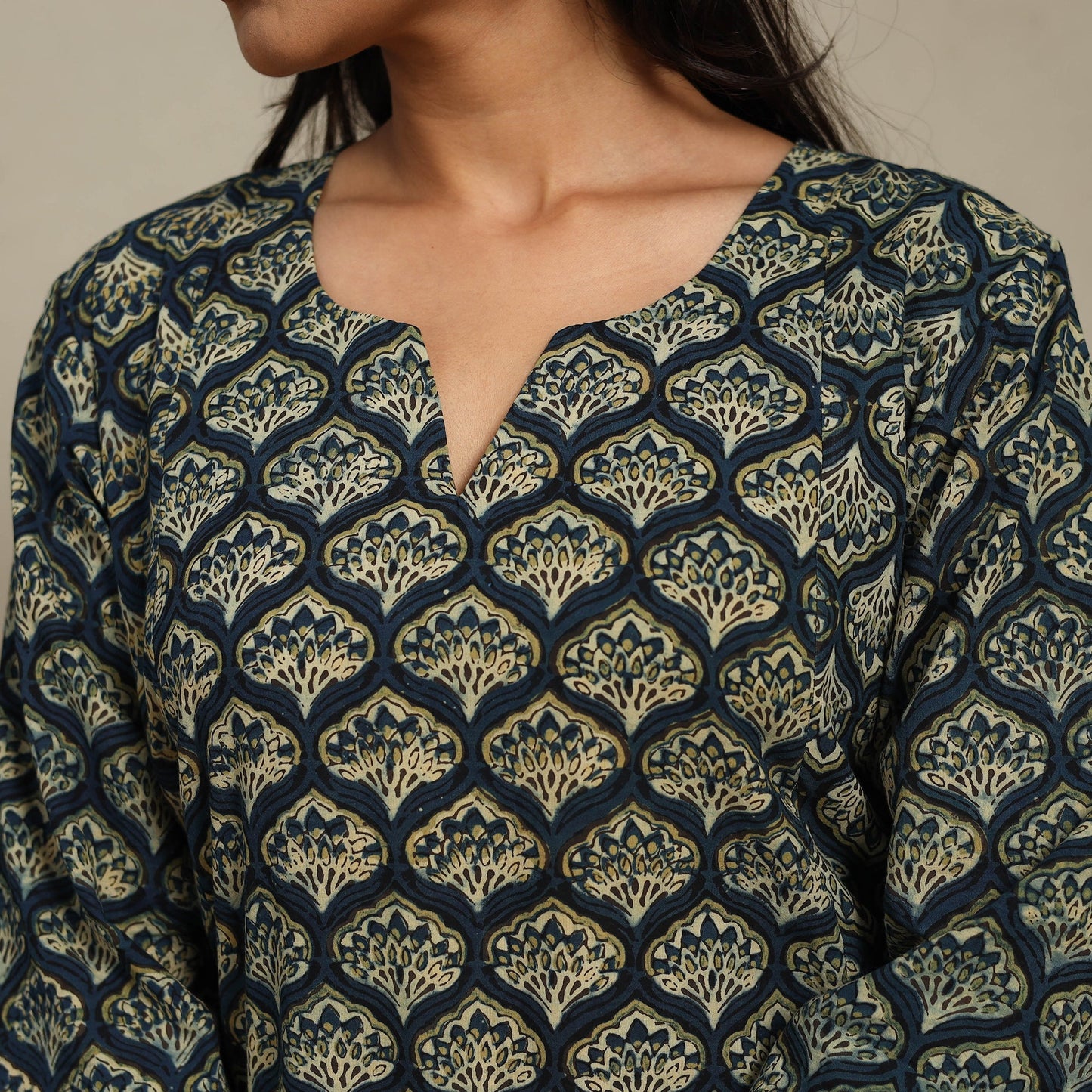 Green Block Print Natural Dyed Cotton A-Line Ajrakh Kurta