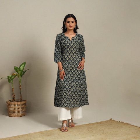 Green Block Print Natural Dyed Cotton A-Line Ajrakh Kurta