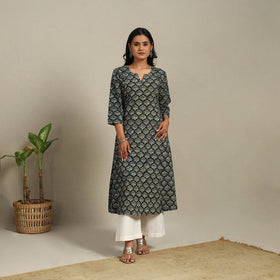 Green Block Print Natural Dyed Cotton A-Line Ajrakh Kurta