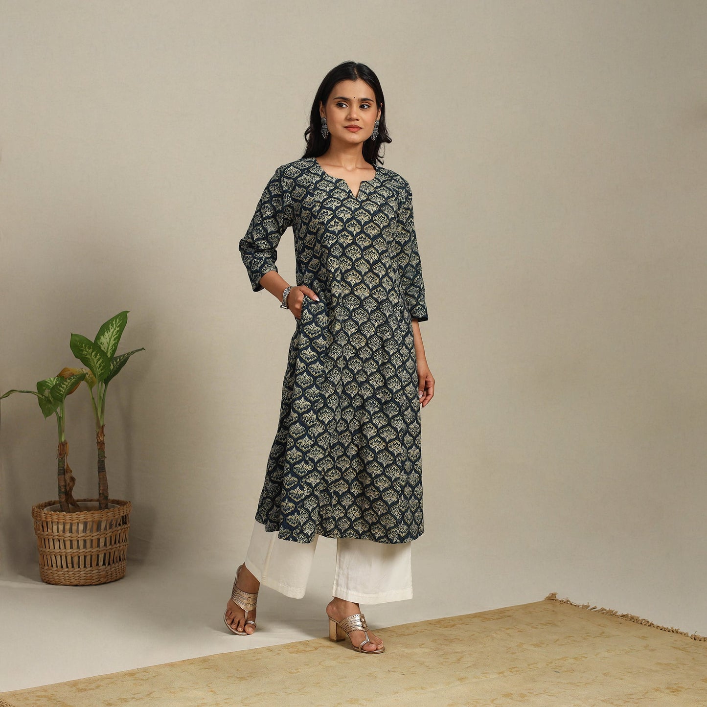 Green Block Print Natural Dyed Cotton A-Line Ajrakh Kurta