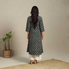 Green Block Print Natural Dyed Cotton A-Line Ajrakh Kurta