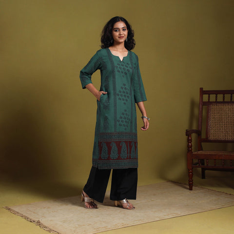 Green - natural dyed cotton straight bagh kurta 05