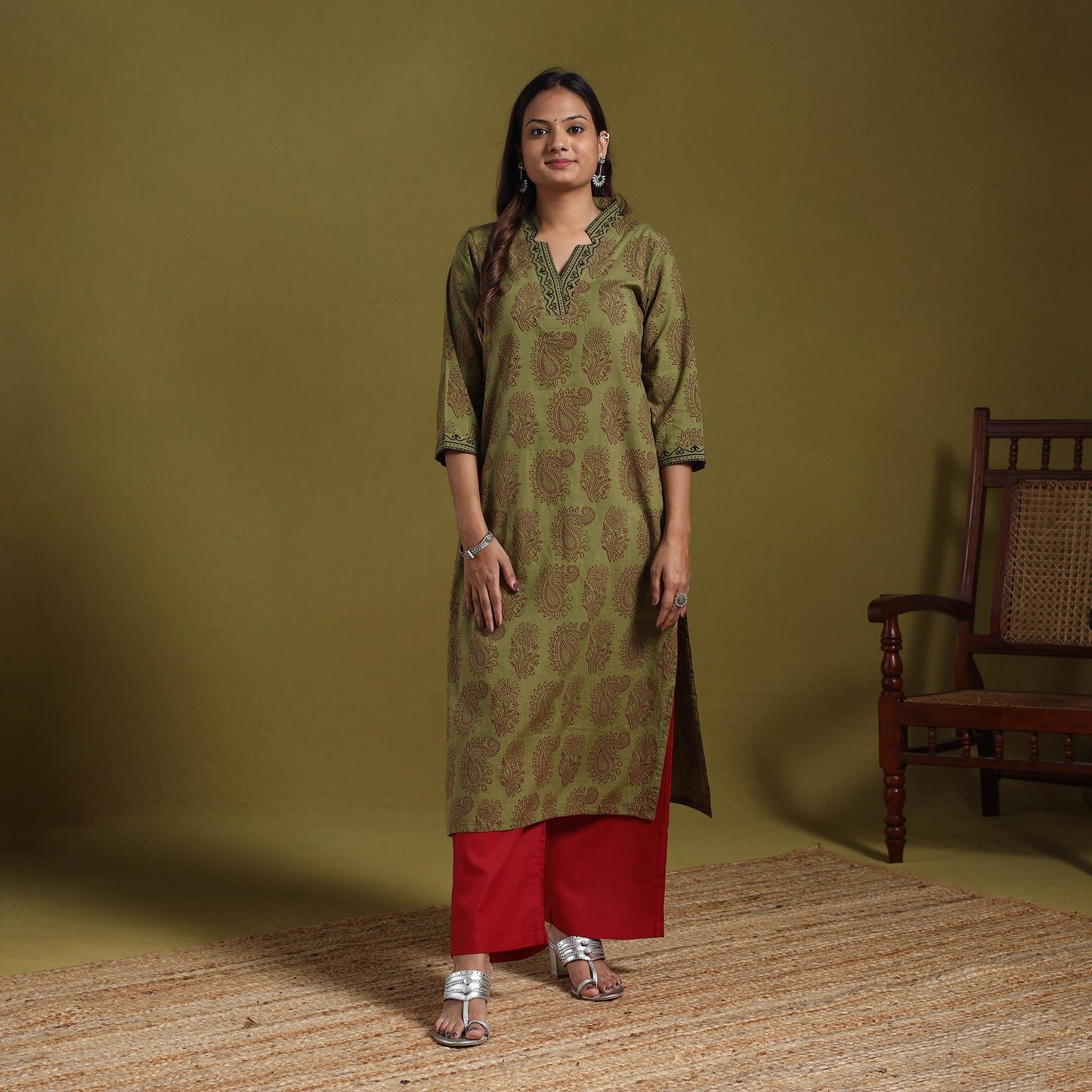 Green - natural dyed cotton straight bagh kurta 11