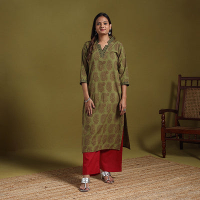 Green - natural dyed cotton straight bagh kurta 11