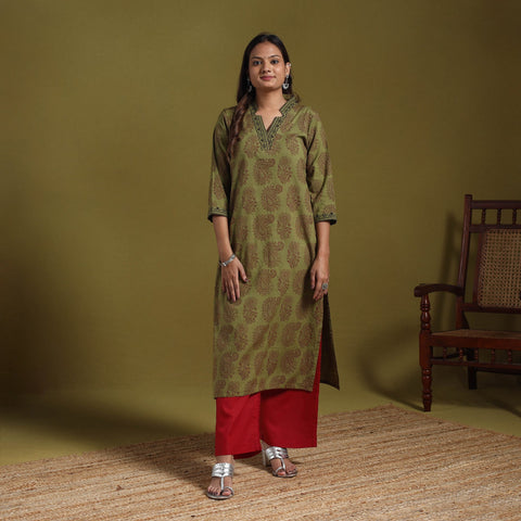 Green - natural dyed cotton straight bagh kurta 11