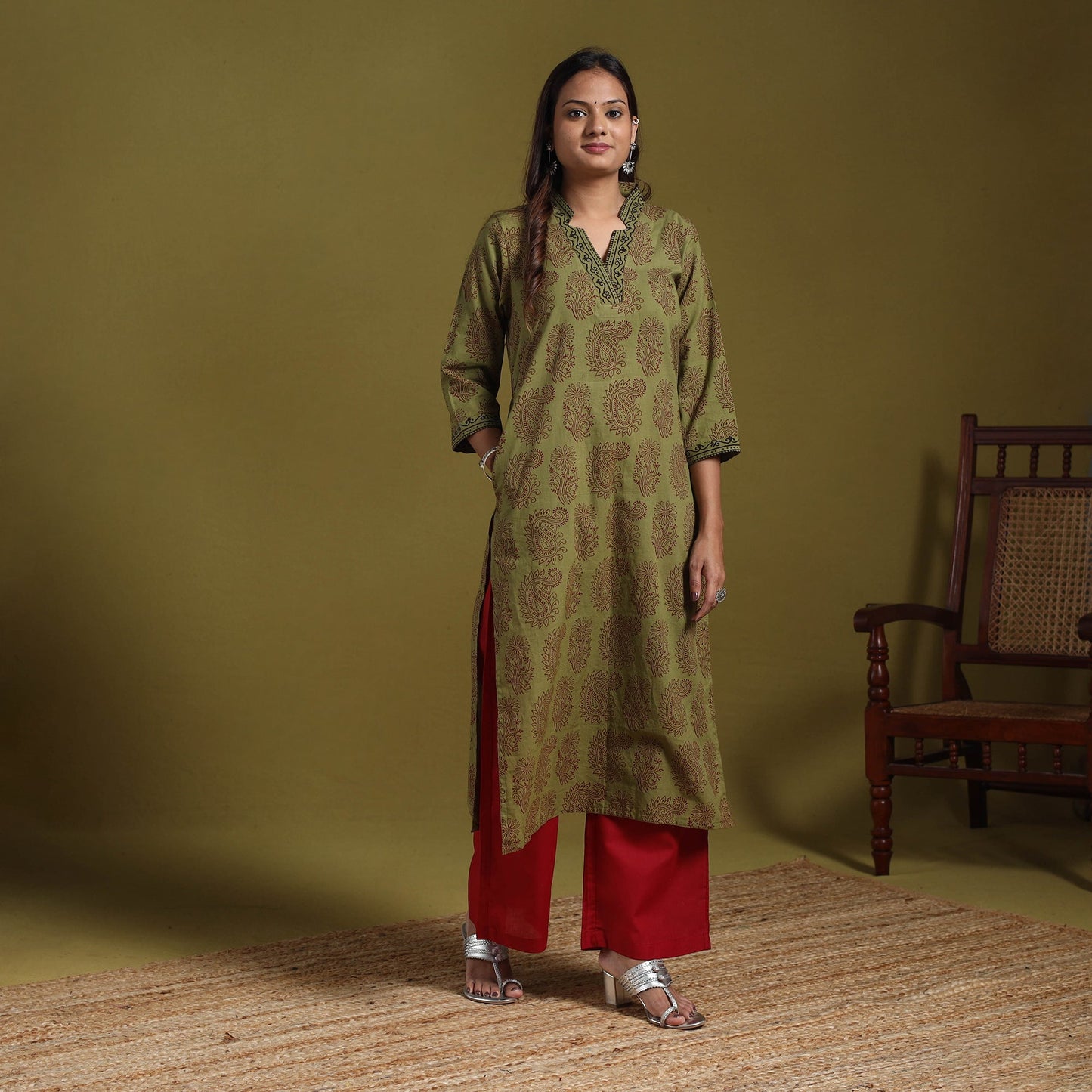 Green - natural dyed cotton straight bagh kurta 11