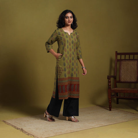 Green - natural dyed cotton straight bagh kurta 04