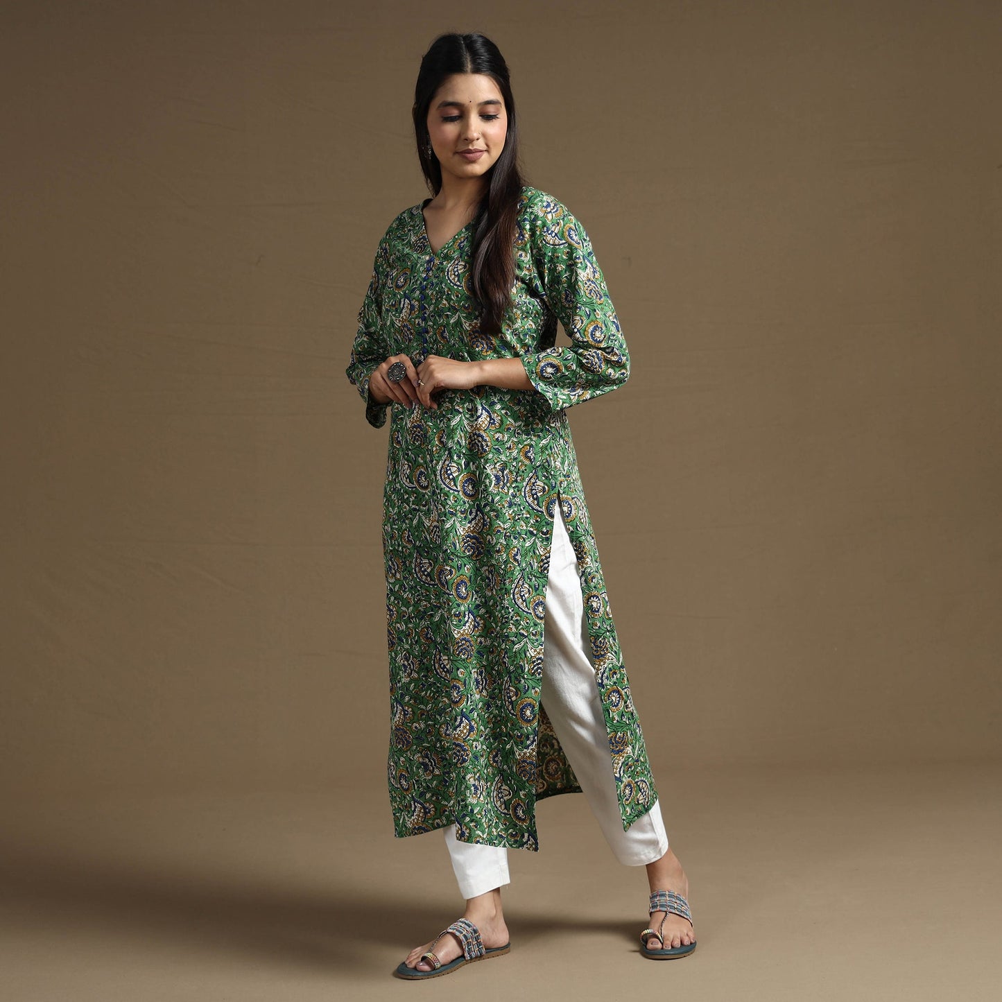 Green Block Print Natural Dyed Cotton Straight Bagru Kurta