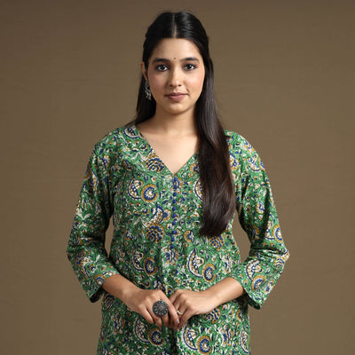 Green Block Print Natural Dyed Cotton Straight Bagru Kurta