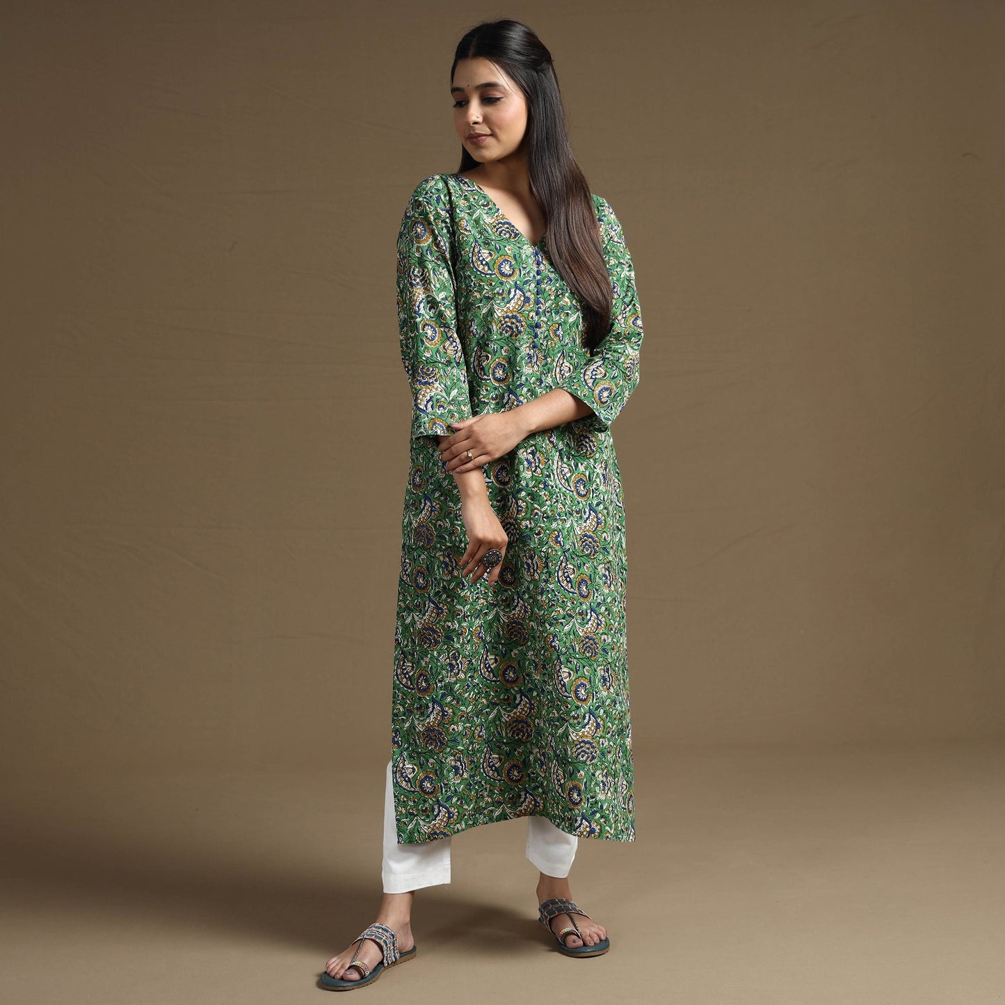 Green Block Print Natural Dyed Cotton Straight Bagru Kurta