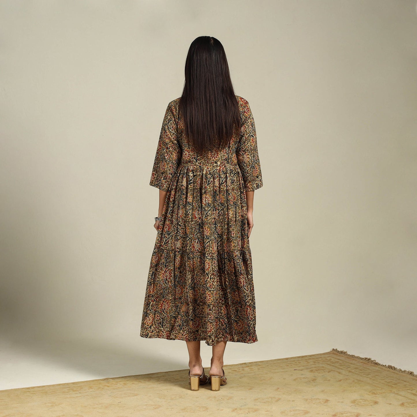 Green Block Print Natural Dyed Cotton Tiered Kalamkari Dress