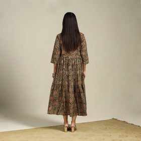 Green Block Print Natural Dyed Cotton Tiered Kalamkari Dress