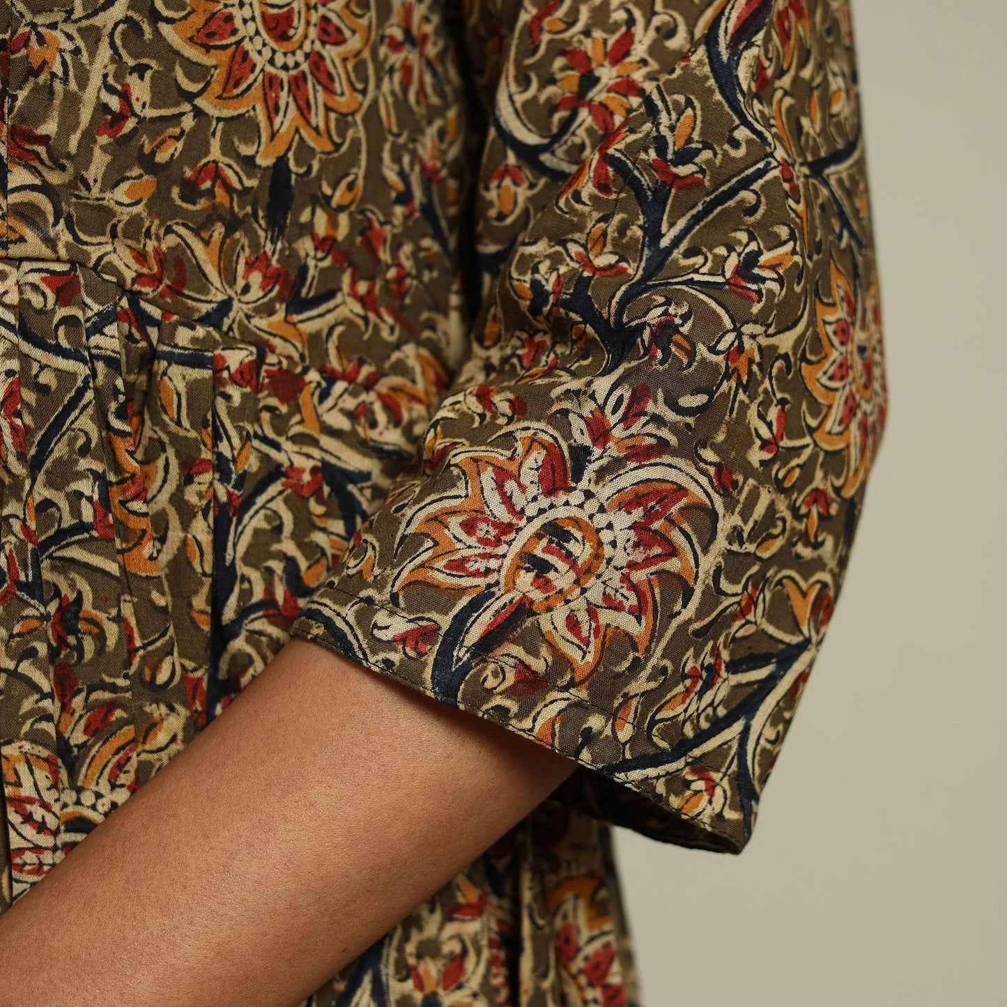 Green Block Print Natural Dyed Cotton Tiered Kalamkari Dress