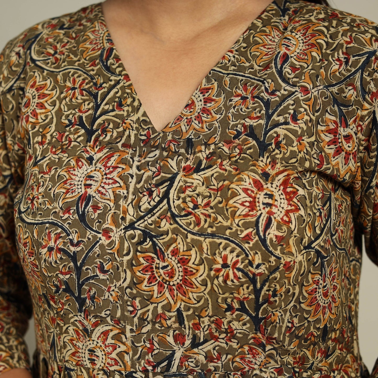 Green Block Print Natural Dyed Cotton Tiered Kalamkari Dress