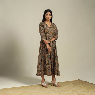 Green Block Print Natural Dyed Cotton Tiered Kalamkari Dress